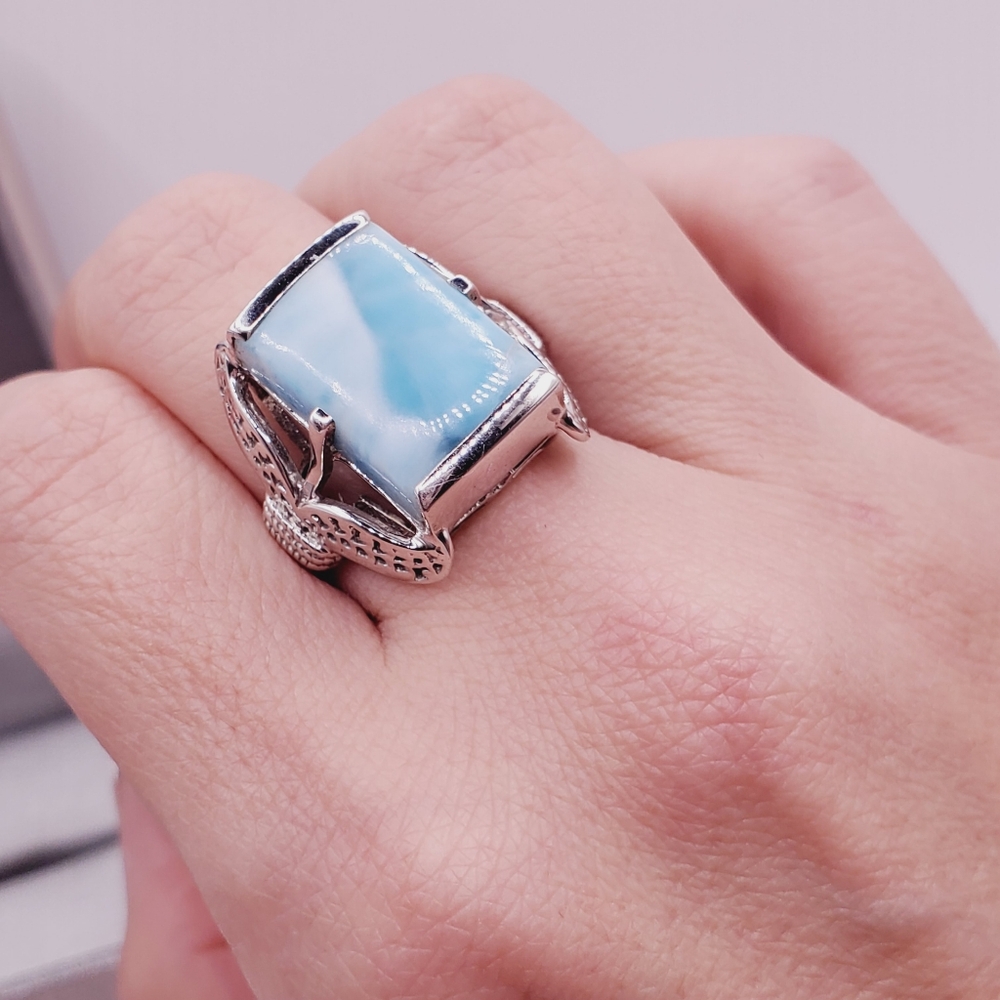 925 Sterling Silver Genuine Rectangle Blue Larimar Statement Ring - Picture 5 of 9